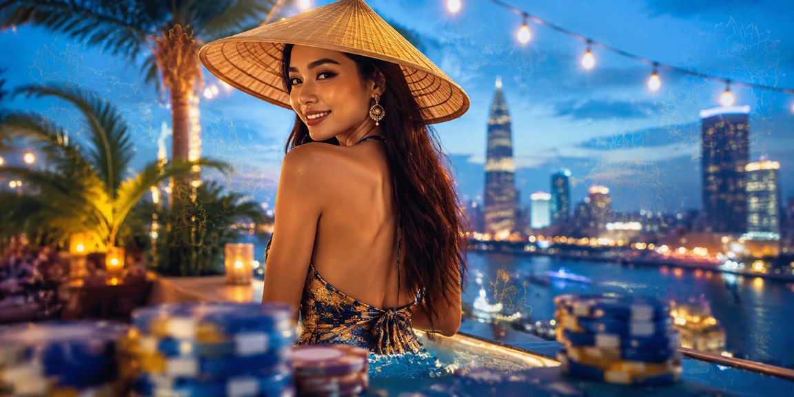 Người phụ nữ Việt Nam đội nón lá trong không gian giải trí casino hiện đại tại TP. Hồ Chí Minh