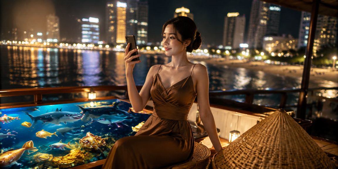 Người dùng Nha Trang chơi casino mobile và theo dõi jackpot trực tuyến với biểu tượng nón lá